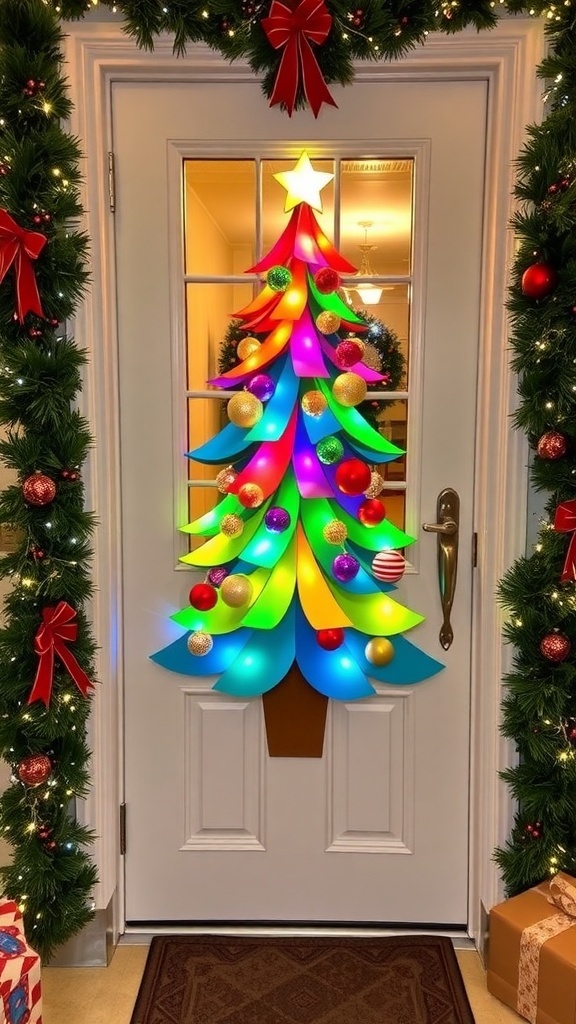 3D Christmas Tree Door Decoration Contest A festive door decorated with a 3D Christmas tree and holiday decorations.